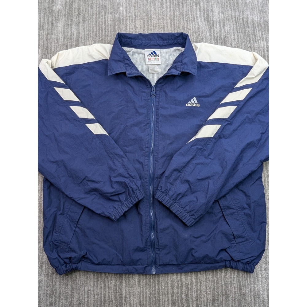 Vintage Adidas Track Jacket XL Navy White 90s 3 Stripe Logo Retro Windbreaker